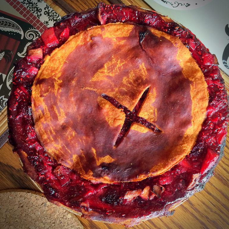 A freshly baked berry pie from a fruit and vegetable stand at a farm in Southern Ontario. 