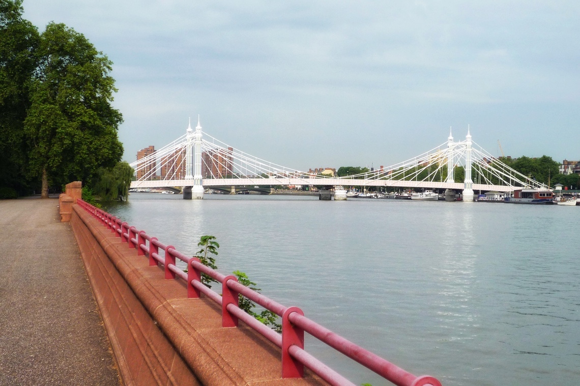Albert Bridge in London. A view from the south of the Thames River.